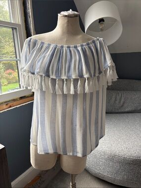 Andree Blue & White Striped Tassel Off-the-Shoulder Tunic
